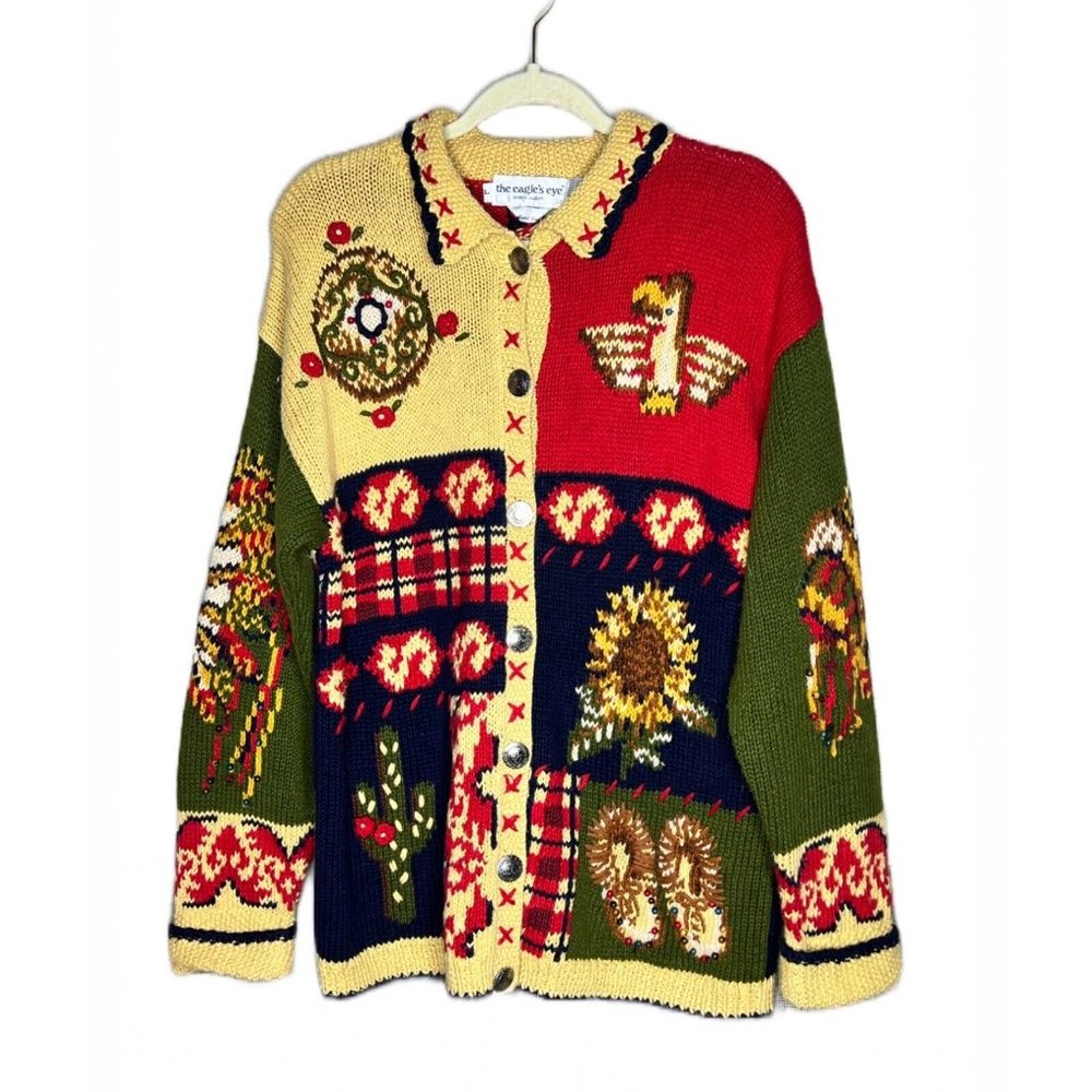 Vtg The Eagles Eye Womens Cardigan Sweater Size L Native American Indian Chief